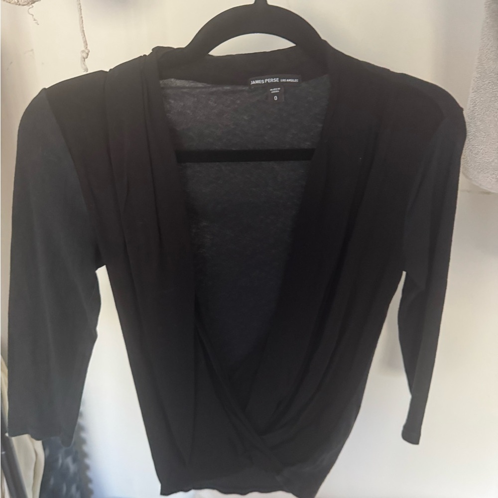 James Perse Black Wrap Blouse (matte viscose front and jersey arms/back).